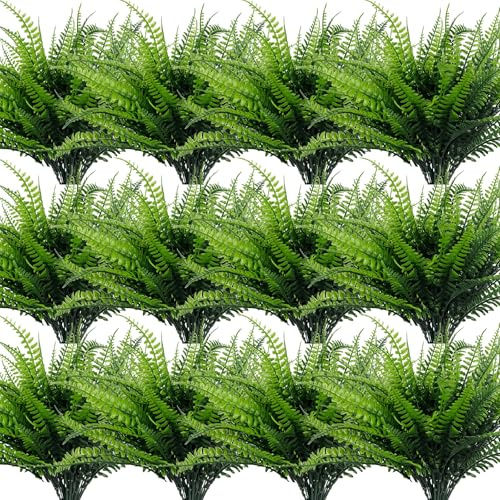 TURNMEON 20 Bundles Artificial Plants Outdoor Faux Boston Fern 17 Inch Long Length Summer Decor, Fake Plants UV Resistant No Fade Plastic Greenery Shrubs Flowers for Garden Porch Indoor Cemetery Decor