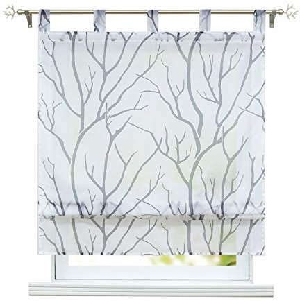ESLIR Raffrollo mit Schlaufen Gardinen Küche Raffgardinen Transparent Schlaufenrollo Modern Vorhänge Weiß-Grau BxH 120x140cm 1 Stück