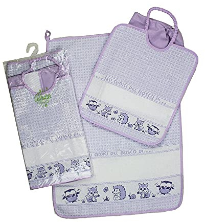Set ASILO SCUOLA MATERNA da ricamare AMICI DEL BOSCO 3 pezzi: bavaglino spugna con elastico cm.28x32, asciugamano cm.40x55 con fascia in etamine + sacchetto Cotone 100% Made in Italy (LILLA)