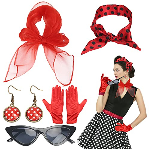 LOPOTIN Années 50 Costume Accessoires, Années 50 Femmes Costume 5 Pcs Ensemble à Pois Écharpe Gant Boucle Oreille Bandeau pour Soirée de Déguisement Fête Party Carnaval (Rouge)
