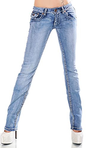 Zeralda Damen Jeans Hose gerade Straight Bootcut Flap Pocket Dicke Nähte Stretch 36-44 (Blau-90-5a, 44)