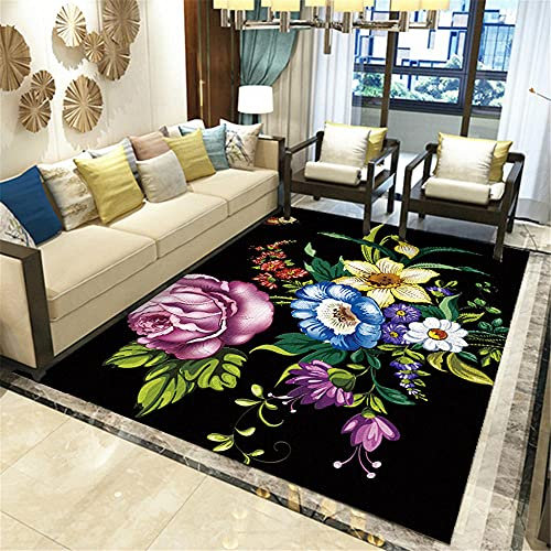 RUGMRZ Teppich Auslegeware Moderner minimalistischer schwarzer Hintergrund lila Blumen Muster rutschfeste tragen korridor Wohnzimmer groß Teppich Sofa für Schlafzimmer Schal120X160CM/3ft 11''X5ft 3''