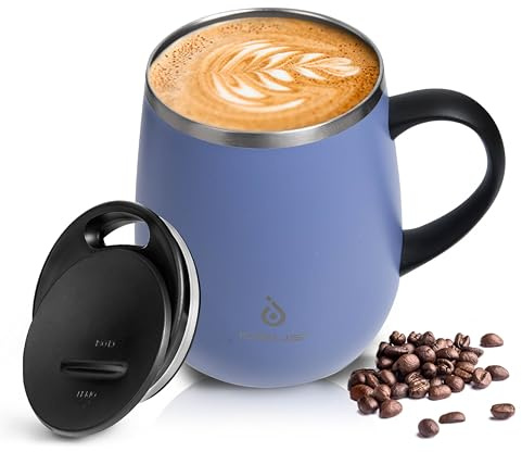 Ideus 16 oz Insulated Coffee Mug with Handle and Lid, Double Wall Stainless Steel Vacuum Thermal Coffee Mug, Travel Coffee Cup Thermal Cup for Home and Office, Ocean Blue
