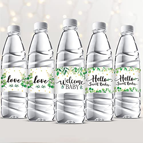 Clabby 39 Pcs Baby Shower Water Bottle Labels Greenery Plant Baby Shower Bottle Stickers Green Wrappers Waterproof Self Adhesive Labels for Gender Reveal Birthday Party Decoration Supplies