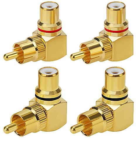 KUOQIY 4 Pezzi Adattatore ad Angolo Retto RCA Placcato Oro, 90 Gradi RCA-Maschio a Femmina Spina Adattatore, per Audio Stereo o Video AV (2 Rossi + 2 Neri)