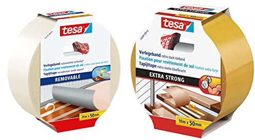 tesa Verlegeband rückstandsfrei entfernbar - Gewebeverstärktes 25 m x 50 mm & Verlegeband extra stark klebend - Doppelseitiges Klebeband zum Verlegen von Teppich und PVC-Belag - 10 m x 50 mm
