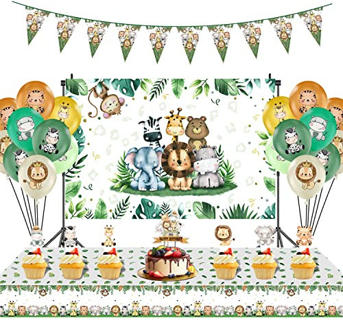 Dschungel Geburtstag Dekoration Dschungel Deko Geburtstag Safari Geburtstagsdeko Tischdecke Waldtiere Banner Luftballons Tier Tortendeko für Männlich Weiblich