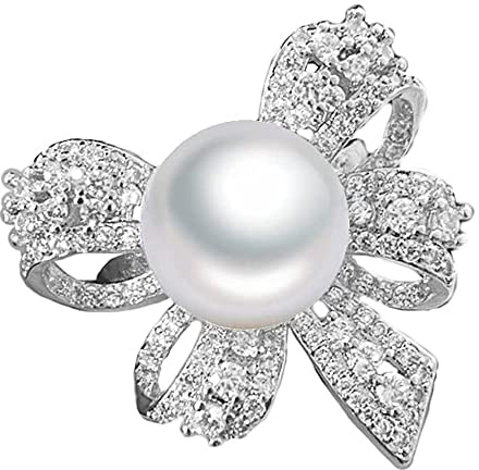 IMINI Bague Élégante avec Nœud Papillon et Perle - Pour Femmes et Filles - Strass en Oxyde de Zirconium - Promesse, Fiançailles, Anniversaire, Mariage - Bijoux