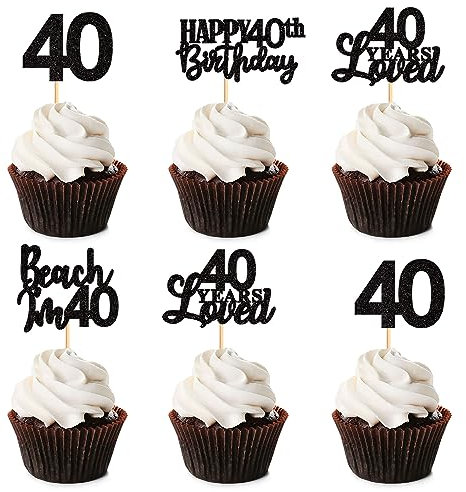 Blumomon 24 Pack Happy 40th Birthday Cupcake Toppers - Black Glitter 40 Years Loved Picks for Anniversary Party Cake Decorations Supplies