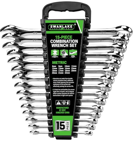 SWANLAKE 15-Piece Metric Combination Wrench Set, 12-Point Max Torque Open End Wrench Set, Cr-V Steel Wrenches 8, 9, 10, 11, 12, 13, 14, 15, 16, 17, 18, 19, 20, 21, 22mm with Storage Rack