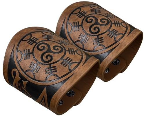 HiiFeuer 2 Stück Wikinger geprägte Kunstleder Manschette Armband, Nordischem Retro Cuff Bracelet Armbänder, Nordic Mjolnir Vegvisir Muster Manschette Armreif Wristband
