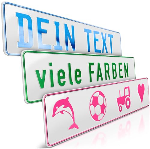 schildEVO 1 Fun-Schild geprägt | Weiß mit Wunschtext bis zu 16 Zeichen | Aluminium Namensschild | Individuelles Fun-Kennzeichen | Bohrlöcher & Saugnäpfe