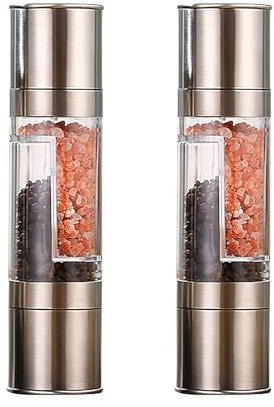 2 PCS Salt and Pepper Grinder, Manual Salt and Pepper Mills, Stainless Steel Two-Head Grinder with Adjustable Ceramic Core for Spices