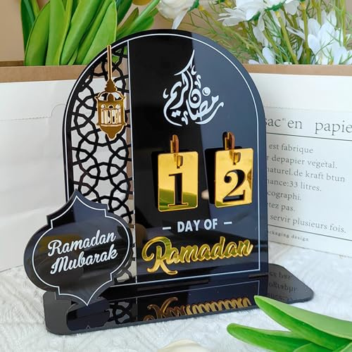 2024 Ramadan Adventskalender, Ramadan Kalender Ramadan Dekoration,Eid Advent Day Countdown,Acryl-Countdown-kalender Ornament Gebet Ramadan Mubarak Deko Wohnzimmer Ramadan Geschenke (schwarz+gold)