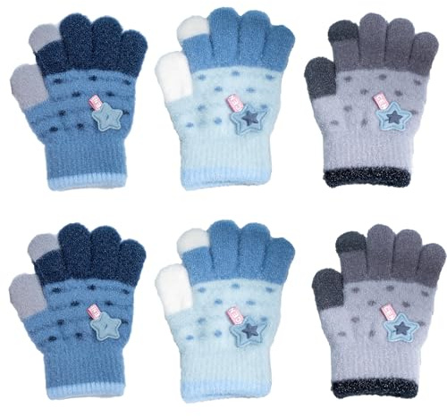 QKURT 3 Pairs Kids Magic Gloves, Toddler Warm Gloves Colorful Crystal Sand Glove Soft Thermal Glove Good Stretch Children's Full Finger Mittens with Novel Star Pattern for 1-5 Years Girls Boys