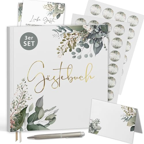 Trendanchor Gästebuch-Set mit 50 Aufklebern, 50 Tischkarten – Geschenk-Idee zur Hochzeit, Taufe, Jubiläum, Geburtstag 72 Seiten ohne Fragen zum Ausfüllen und Einkleben (Gästebuch-Set/Eukalyptus)
