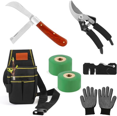 7 Stücke Veredelungsmesser mit 2 Klingen,Pfropfen Werkzeug Kit mit Obstbäume Pfropfschere Werkzeugtaschen Taille Beute Veredelungsband Handschuhen, Gartenschere für Blumen Messer›Klappmesser