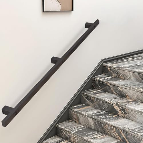 An der Wand montierte Treppenhandläufe, rutschfeste Treppengeländer aus Metall, 30–600 cm Sicherheitsstützstange für Treppengeländer aus Vierkantrohr für den Innen- und Außenbereich, Schwarz(30cm)