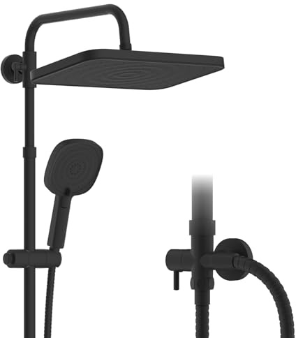 Hibbent Self-Cleaning Rainfall Shower Kit with 304 Stainless Steel Shower Rail, 4-Mode Handheld Shower Head, Height Adjustable, Without Mixer, Brass Diverter, 30 * 20cm, Black