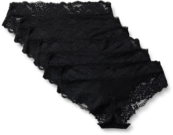 Amazon Essentials Women's Stretch Galloon Lace Knickers, Bikini, Hipster, Thong & High Waisted Styles, Pack of 6, Black, X-Small