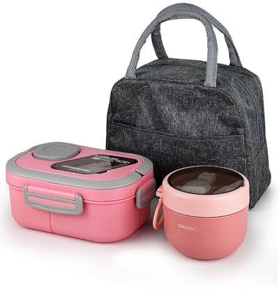 Lunch Box Adults for Work, 1200ML Large Bento Boxes Set with Bag & Cutlery, Leakproof Durable Meal Prep Food Storage Container, 6 Compartments & Spork for Men Women Student School Office, Pink & Grey