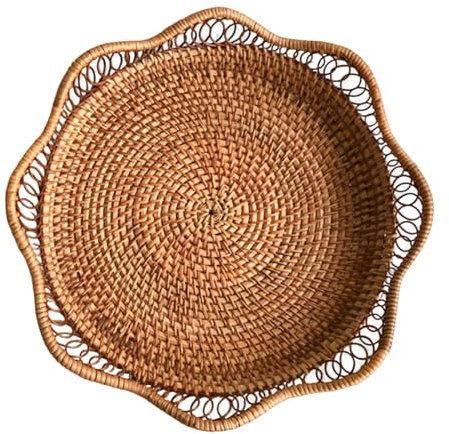 Frutero Redondo de ratán Natural, Cuencos de Mimbre Huecos para almacenar Frutas, Cuencos para encimeras de Cocina, Cesta organizadora de Frutas de Color sólido.