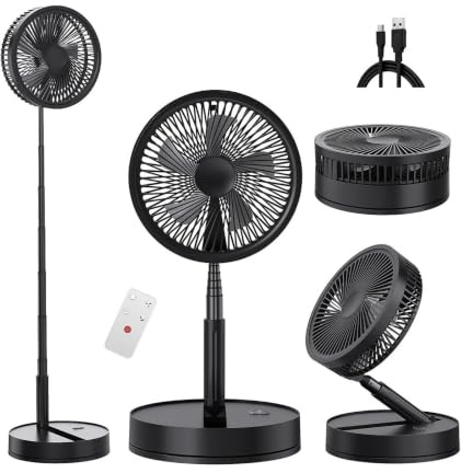 Portable Folding Fan with Remote, 23cm/9-inch, 7200mAh Battery, 4 Speeds, Adjustable Height 100cm, 70° Oscillation, Black