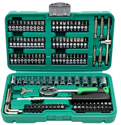 ZKTOOL 130 Pièces Clés à Douille, Clé à Cliquet à Douille de 6.3MM / 1/4, avec Jeu de Douilles Métriques et Rallonge, Coffret de Douilles et Embouts