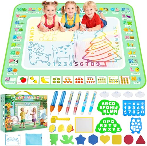 Water Doodle Mat -Aqua Magic Drawing Mat No Mess Painting Coloring Board with 4 Suction Cups & 1 Storage Bag & 6 Magic Pens, Toddler Toys Educational Birthday Gifts for 2 3 4 5 6 Year Old Boys Girls