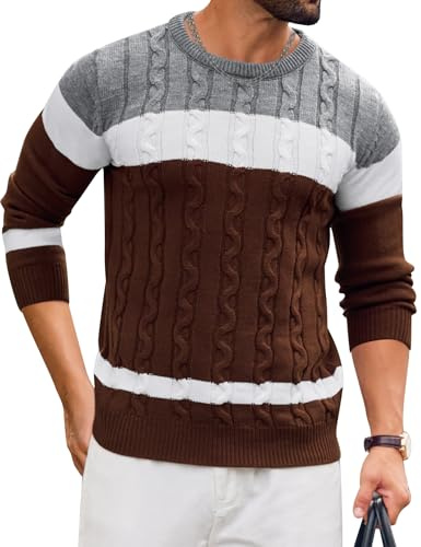 LecGee Mens Striped Pullover Sweater Crewneck Contrast Fine Knitted Sweaters(BR,S) Brown