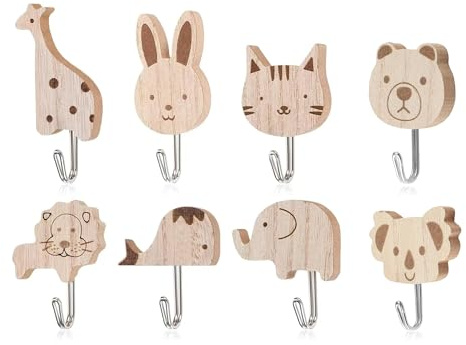Hotcho Kindergarderobe aus Holz, 8er Set Selbstklebende Tier Haken - Elefant, Wal, Katze, Löwe, Hase, Giraffe für Kinder - Kleiderhaken Wandhalterung für Kinderzimmer, Bad, Küche, Flur (Ohne Bohren)