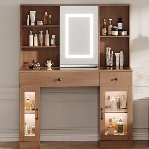 JOLLYTOP Schminktisch Mit LED Spiegel, Steckdosen & Stauraum, Kosmetiktisch Mit 3-Farben Beleuchtung, 2 Schubladen & 2 Schränken Für Schlafzimmer, Holzfarben