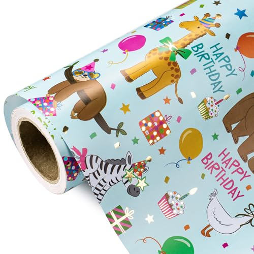 RUSPEPA Kindergeburtstags-Geschenkpapierrolle – Minirolle – 43,2 Cm X 5 M – Blaues Tierparty-Geschenkpapier Mit Metallic-Folie Für Jungenpartys Und Babypartys