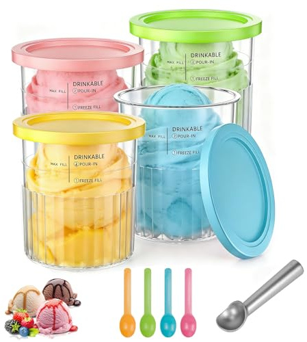 Rehomy Confezione da 4 contenitori per gelato per Ninja Creami Deluxe NC500 NC501 - Pinte con coperchio, cucchiai e paletta, accessori compatibili per dessert surgelati