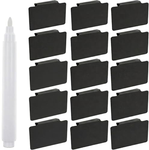 12 Stück Etikettenhalter für Körbe mit Stift, Wiederverwendbare Clip Etiketten Schwarz, Abwischbare Korb Clips Beschriftung für Aufbewahrungsboxen, Ordnungssystem Küche & Speisekammer Organisation