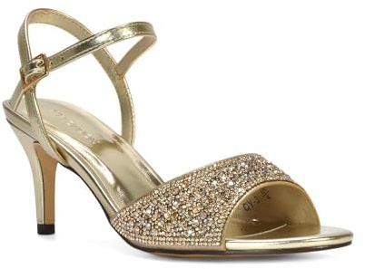 Women's Ankle Strap Sandals Ladies Stiletto Mid Heel Peep Toe Sparkly Diamante Strappy Shoes Size 3-8