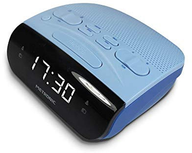 Metronic 477033 - Radio despertador digital con reloj LED blanco para sobremesa con función doble alarma, Sleep/Snooze y sintonizador radio AM/FM con memoria para 20 emisoras, Color Gris / Azul