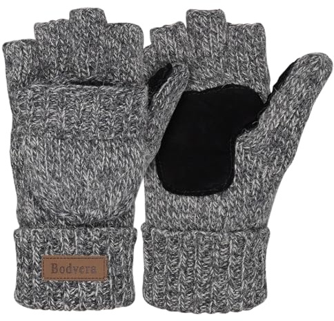 Bodvera Thermal Insulation Fingerless Texting Wool Gloves for Women and Men Winter Warm Knitted Convertible Mittens Flap