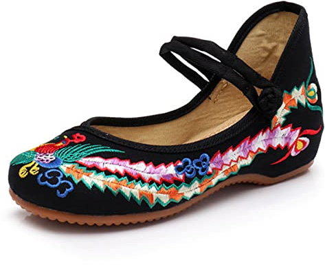 Chinese Embroidered Flats Women's Black Red Asian Traditional Mary Jane Ballet Yoga Shoes Rubber Sole (39 M EU, Black, Numeric 8)