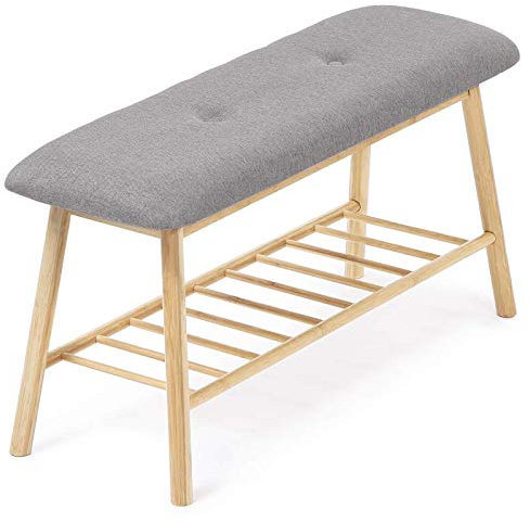 IDMarket - Banc d'entrée capitonné Bambou Rita Tissu Gris Clair