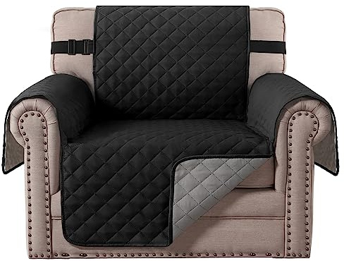 BellaHills Sofa Cover Reversible Armchair Covers Water Repellent Sofa Slipcover from Pets Couch Covers for Cats Checked Pattern Thick Quilted with Elastic Strap (Chair, Black/Grey)