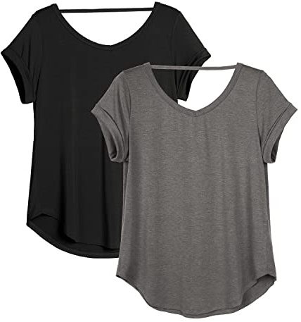 icyzone Damen Rückenfrei Yoga T-Shirt Kurzarm Sport Freizeit Tops Lose V-Ausschnitt Shirt, 2er Pack (L, Schwarz/Dunkelgrau)