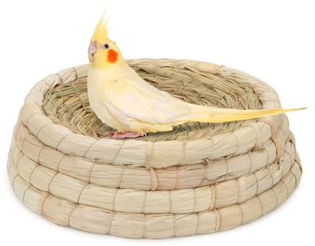 Handwoven Straw Hatching Breeding Cave Bird Nesting Box Flat Base Grass Nest for Parrot Macaw African Greys Budgies Hamster Gerbil Chinchillas Bed House (L)