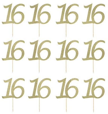 LissieLou Number 16 Cupcake Toppers Pack of 12 in Pretty Glitter Card, Made in the UK - Gold