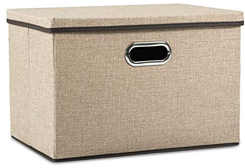 PRANDOM Aufbewahrungsbox mit Deckel Groß,Faltbarer Leinen Stoff Aufbewahrungsboxen, Aufbewahrungskorb mit Griff,Dekorative Stapelboxen,Organizer Container,Khaki[1-stück] 43x30x30cm