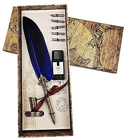 Pluma de inmersión vintage, para caligrafía inglesa, juego de botes de tinta con 5 puntas de repuesto para papelería, regalo y escritura, azul