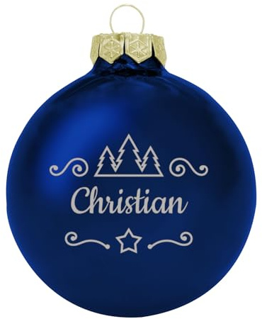 Deitert Weihnachtskugel mit Namen oder Wunschtext graviert, Ø 8cm, personalisierte Christbaumkugel aus Glas (glänzend), individueller Weihnachtsbaumschmuck mit Gravur, Tannen-Motiv, Blau