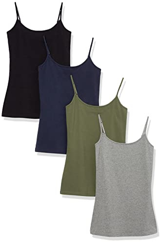 Amazon Essentials Dam Slim-Fit-linne, 4-pack, svart/grå/marinblå/oliv, Large