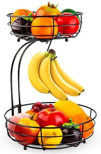 Cesto per frutta a 2 ripiani, con porta banane, in piedi, cucina quotidiana, moderno, pratico cestino portafrutta, ciotola frutta in metallo, nero