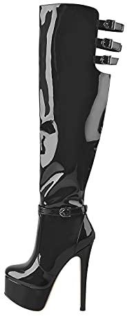 richealnini Women's Over the Knee High Boots Sexy Platform Thigh High Booties with Zipper Buckles Slim Heel Overknee Crotch Wide Calf Shaft Gladiator Biker Punk Motorcycle Boots Black Size 15